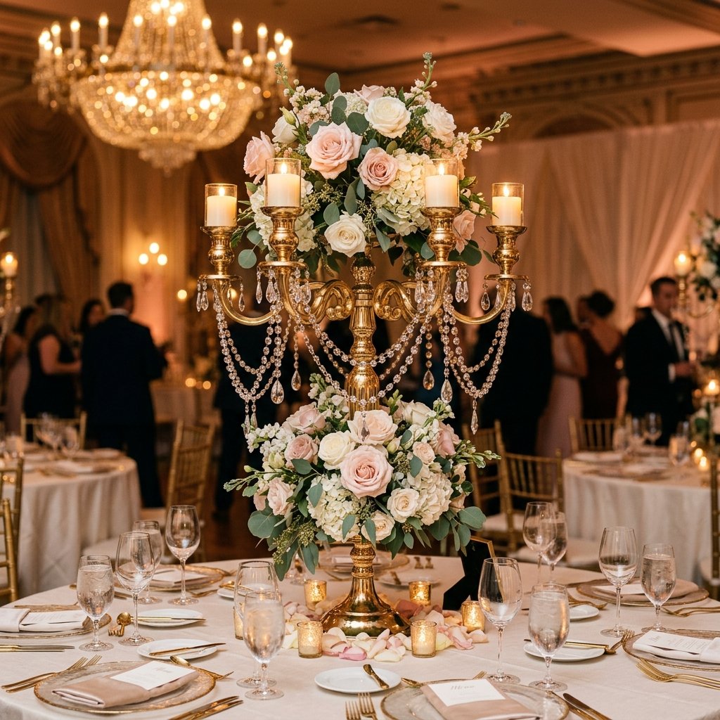 Opulent Gold Candelabra & Crystal Centerpiece